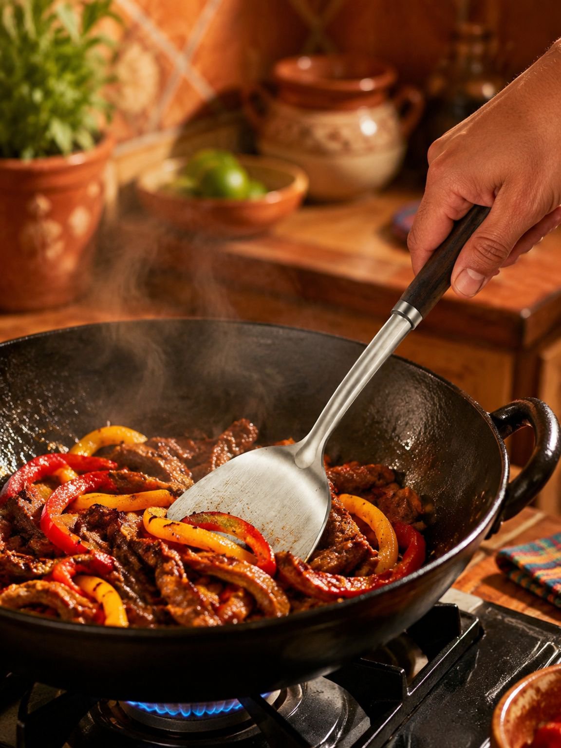 Espátula de acero inoxidable engrosada para cocinar.