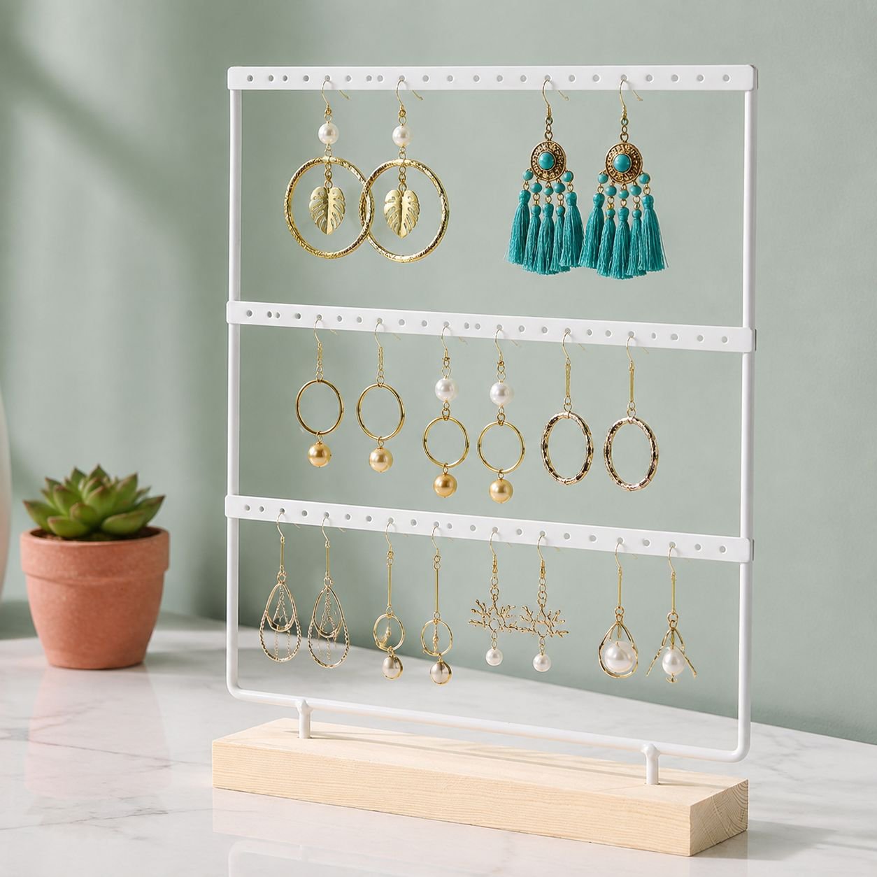 Jewelry display rack, solid wood and wrought iron earring holder, home earring storage, jewelry rack