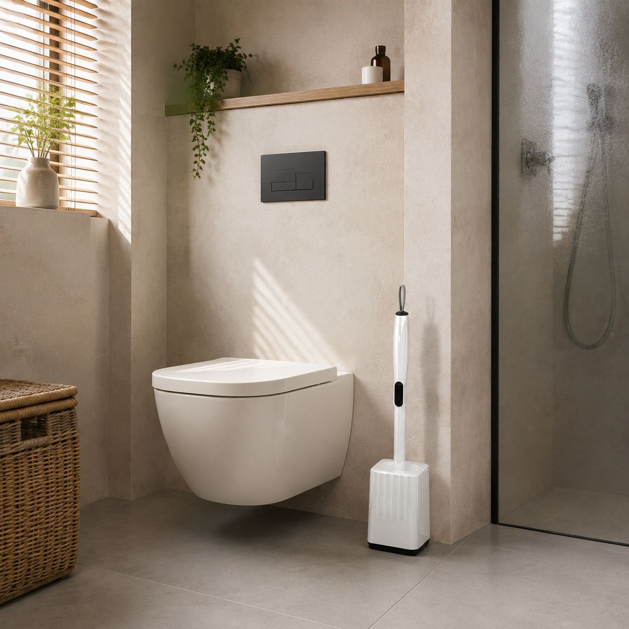 Long-handle brush for cleaning shower walls and floors