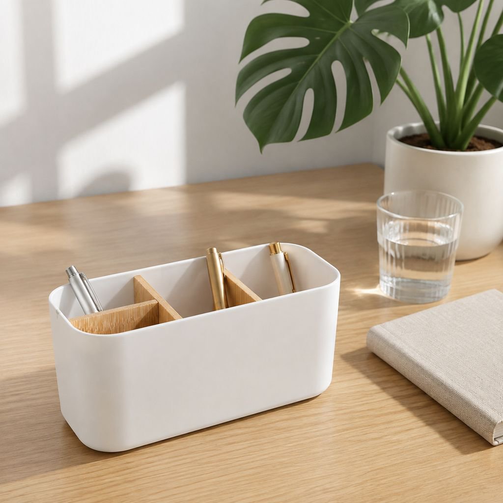 Bamboo and wood desktop multi-compartment office storage box with detachable compartments