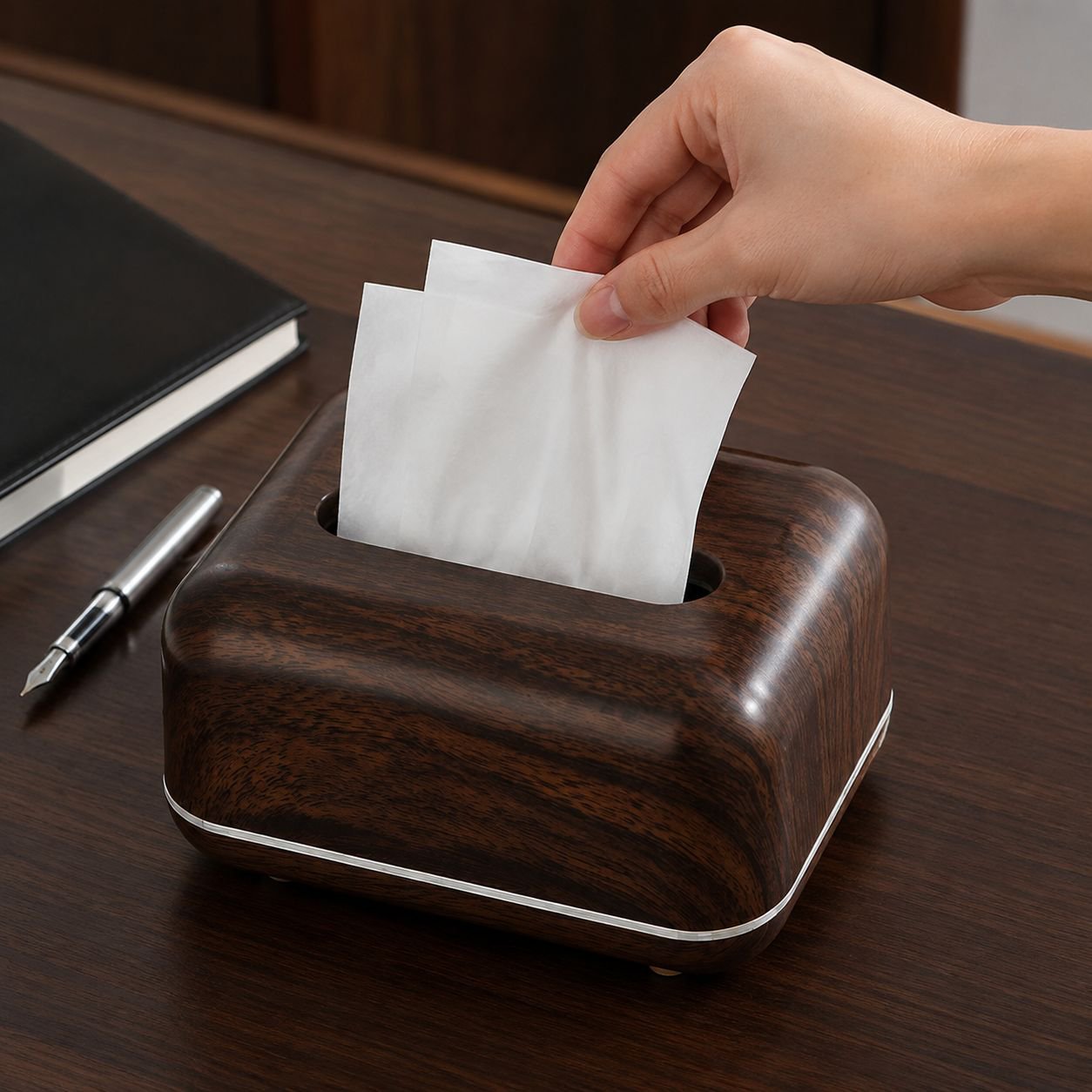 Multipurpose tissue holder with walnut wood finish