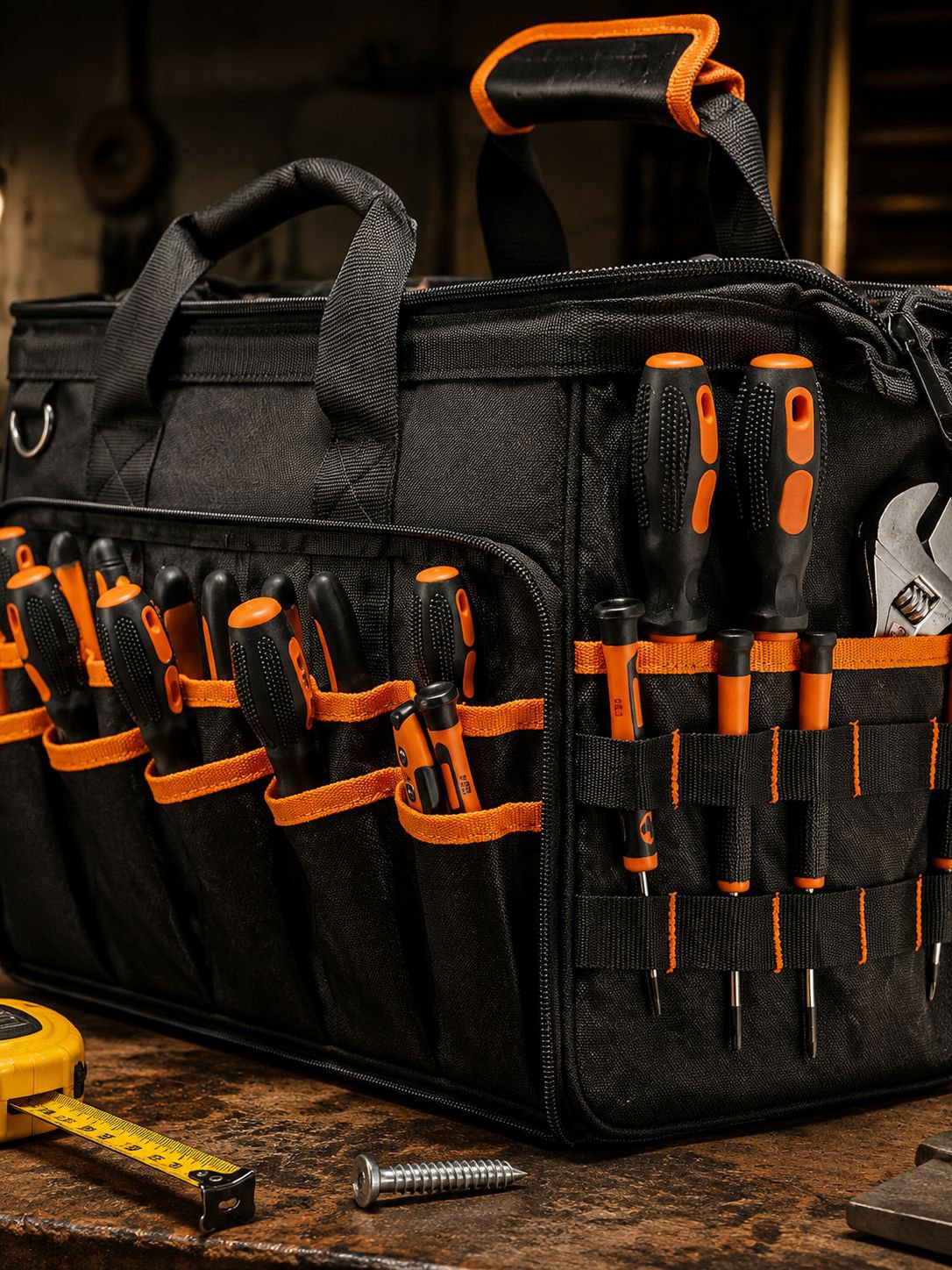 17-inch Heavy Duty Electrician Bag for Men, Foldable Wide-Mouth Storage Bag with Adjustable Shoulder