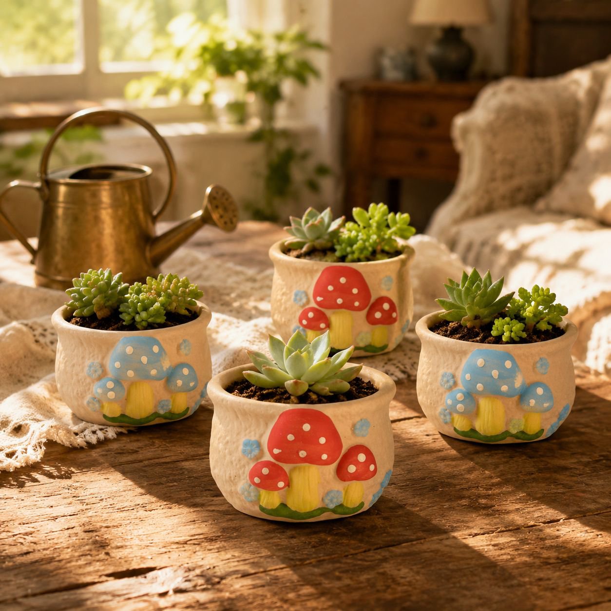 Cute Mushroom Handmade Ceramic Oval Succulent Plant Decorative Pot