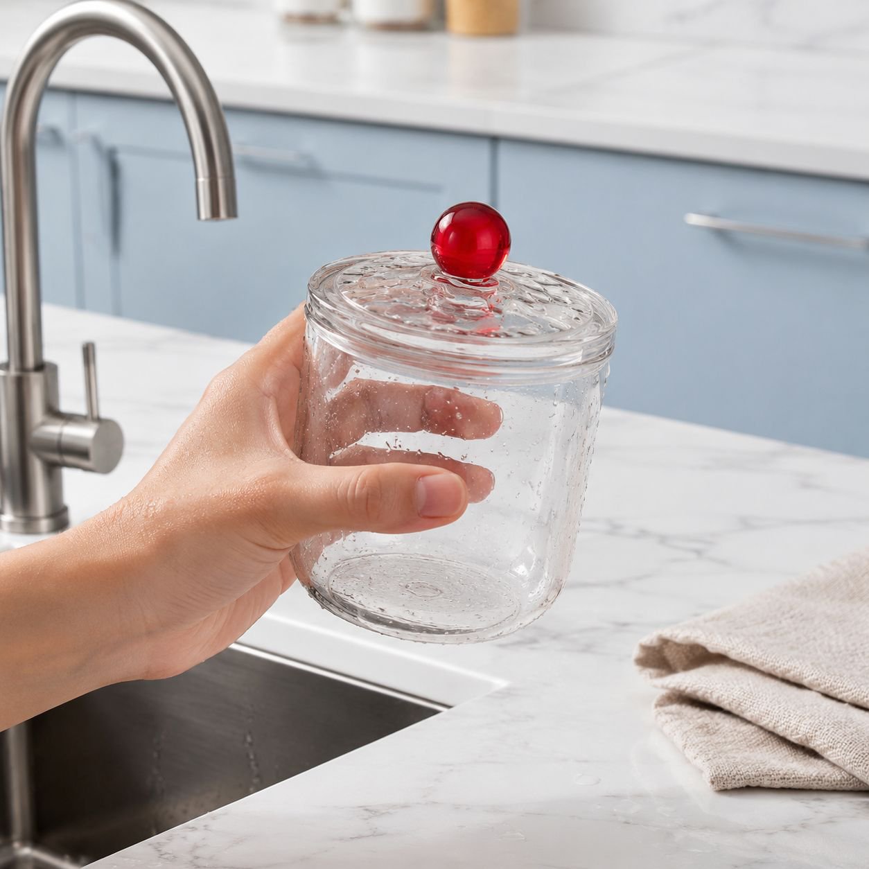 Transparent food storage jar with secure lid holding grains