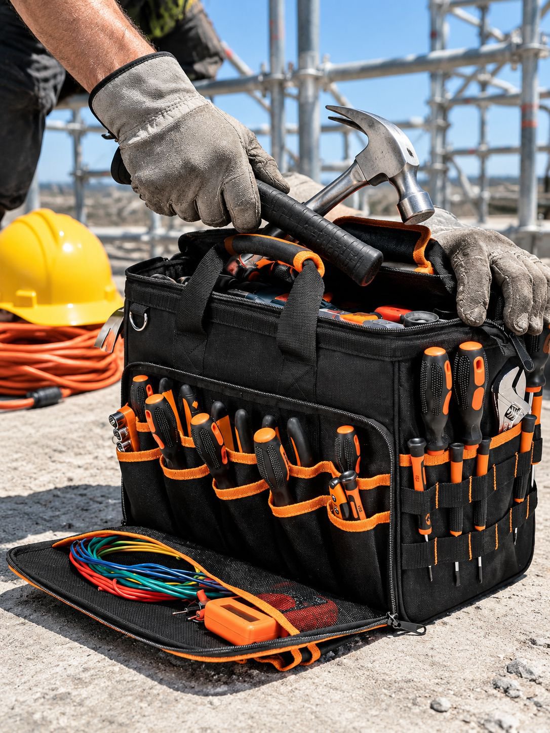17-inch Heavy Duty Electrician Bag for Men, Foldable Wide-Mouth Storage Bag with Adjustable Shoulder