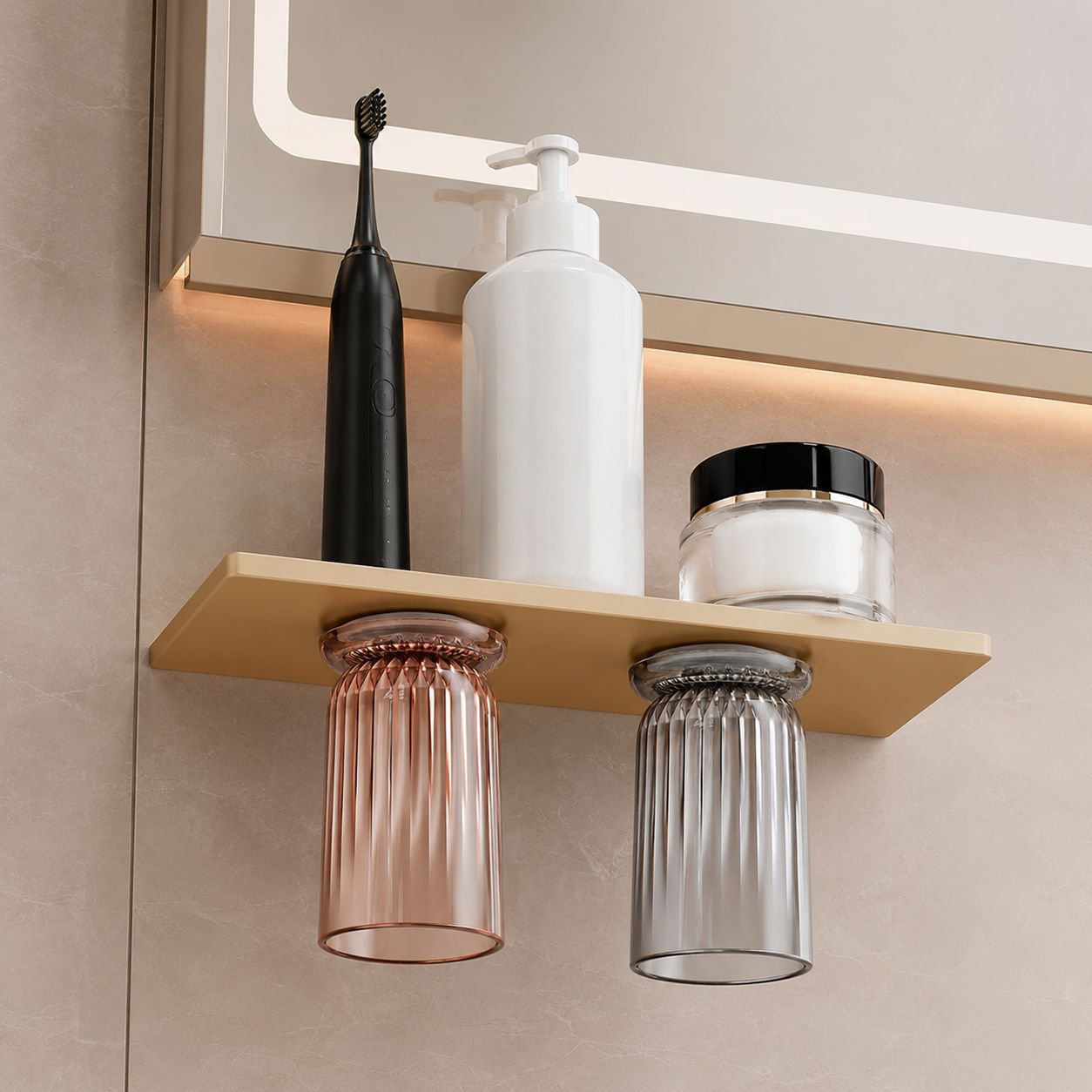 Modern bathroom with adhesive toothbrush holder set