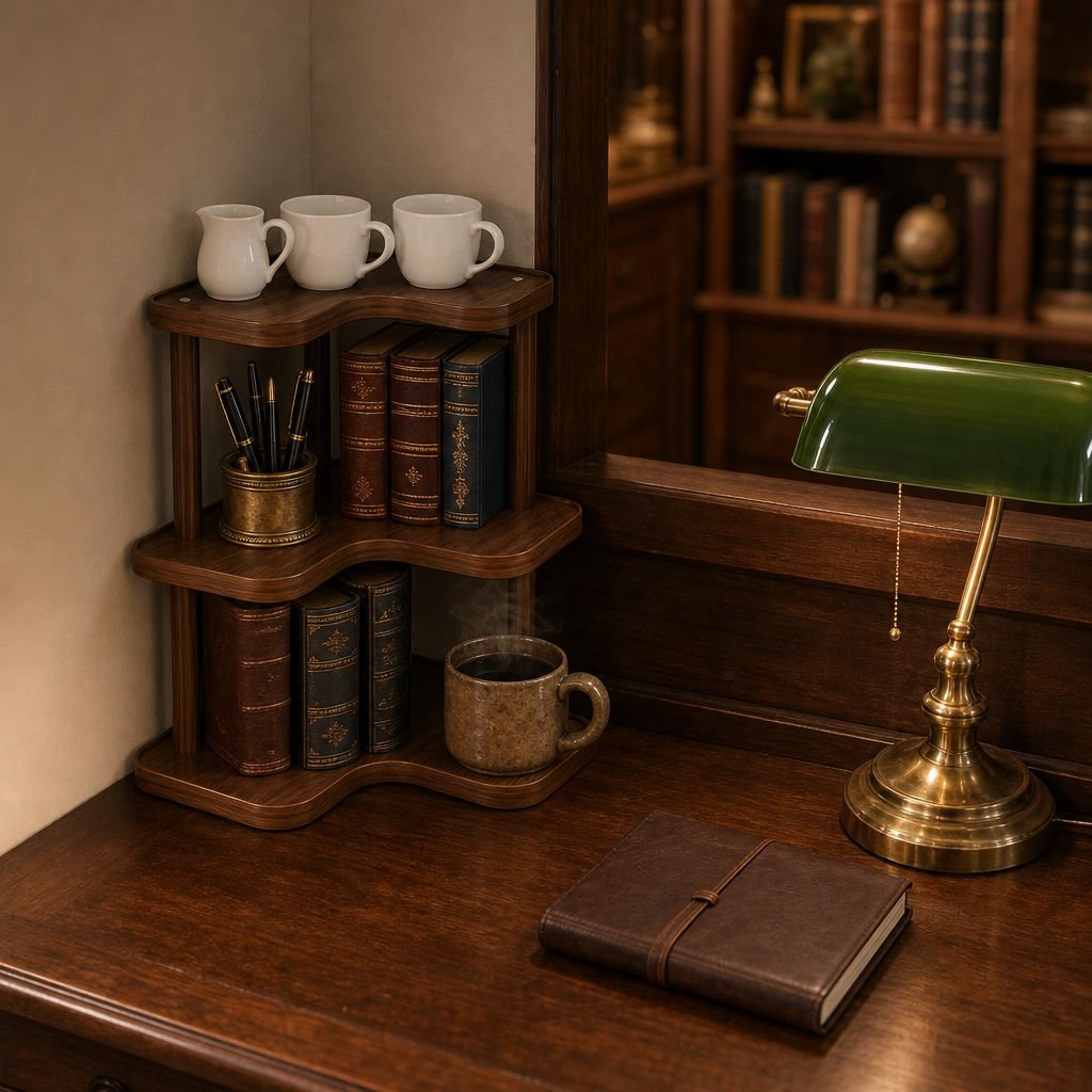 Vue latérale du bureau d'angle avec rangements