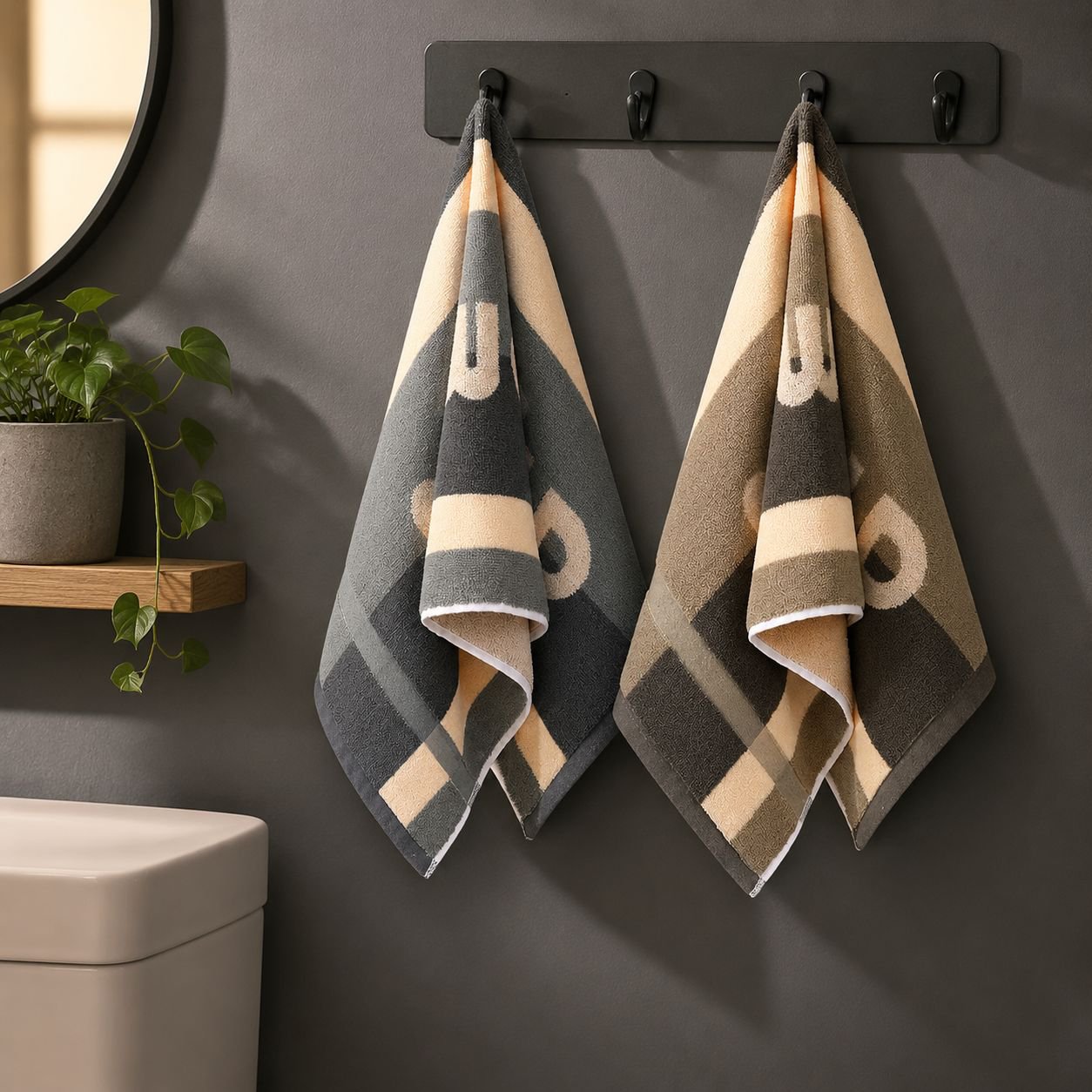 Unisex pure cotton towel folded neatly on a bathroom shelf