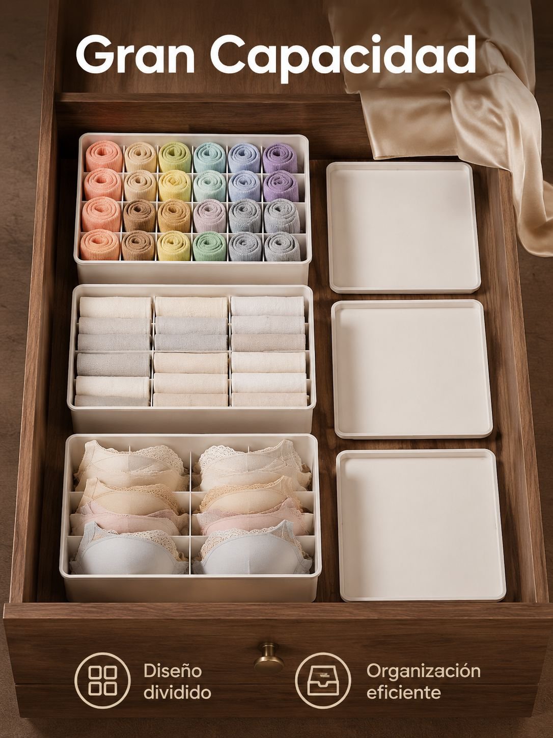 Caja organizadora con divisiones para ropa interior, esencial para el hogar