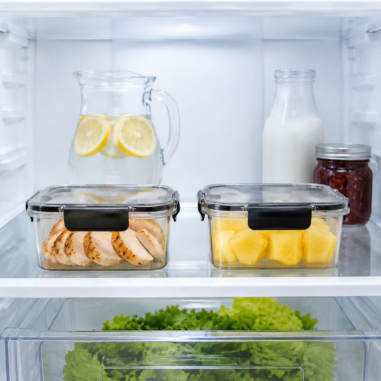 Stackable airtight containers in fridge