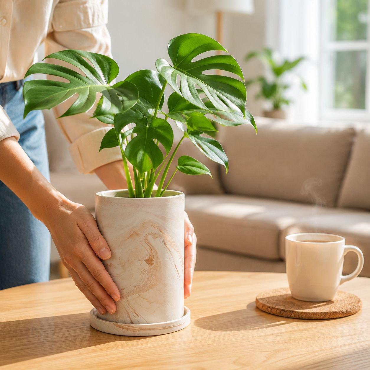 Close-up of Tahiti 22cm ceramic planter with lush green plant