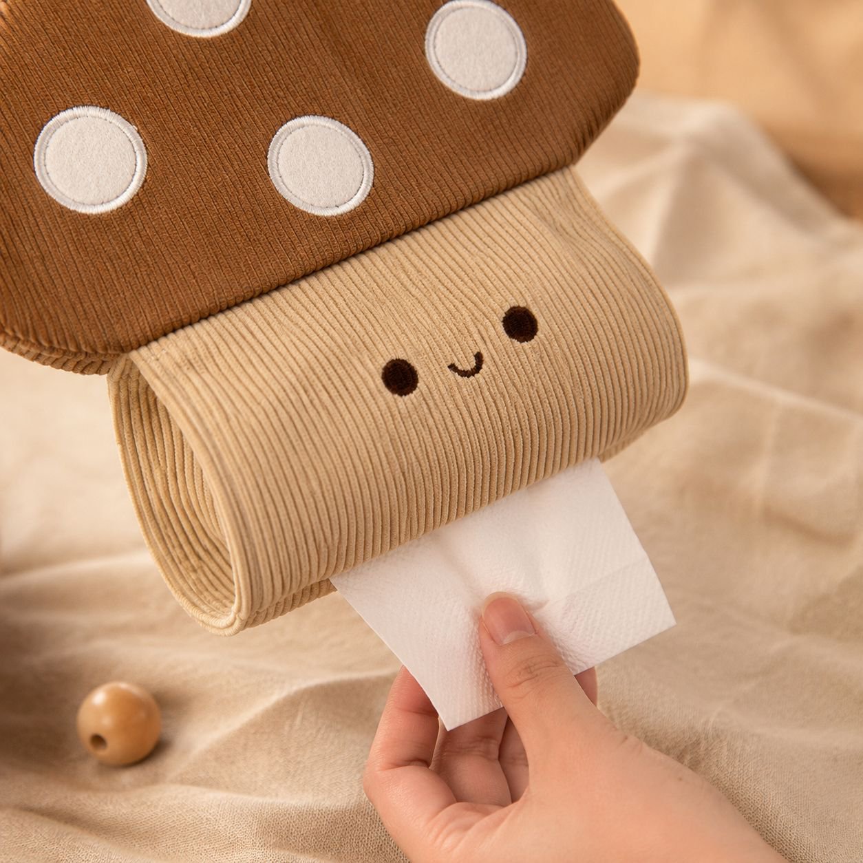 Stylish tissue box holder with whimsical mushroom design