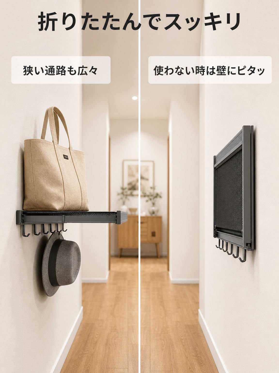 穴あけ不要の折りたたみ式伸縮収納ラック