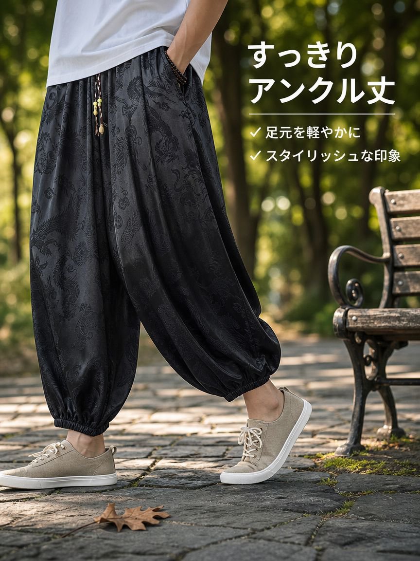 メンズゆったりアイスシルク九分丈パンツ