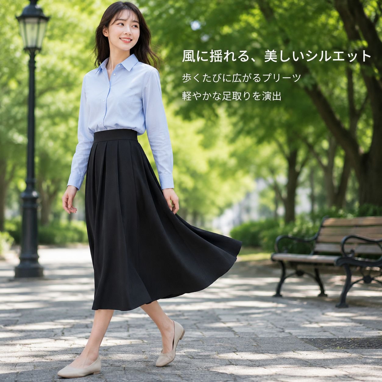 夏・ハイウエスト 小柄さん向けプリーツAラインスカート 黒 ミディ丈