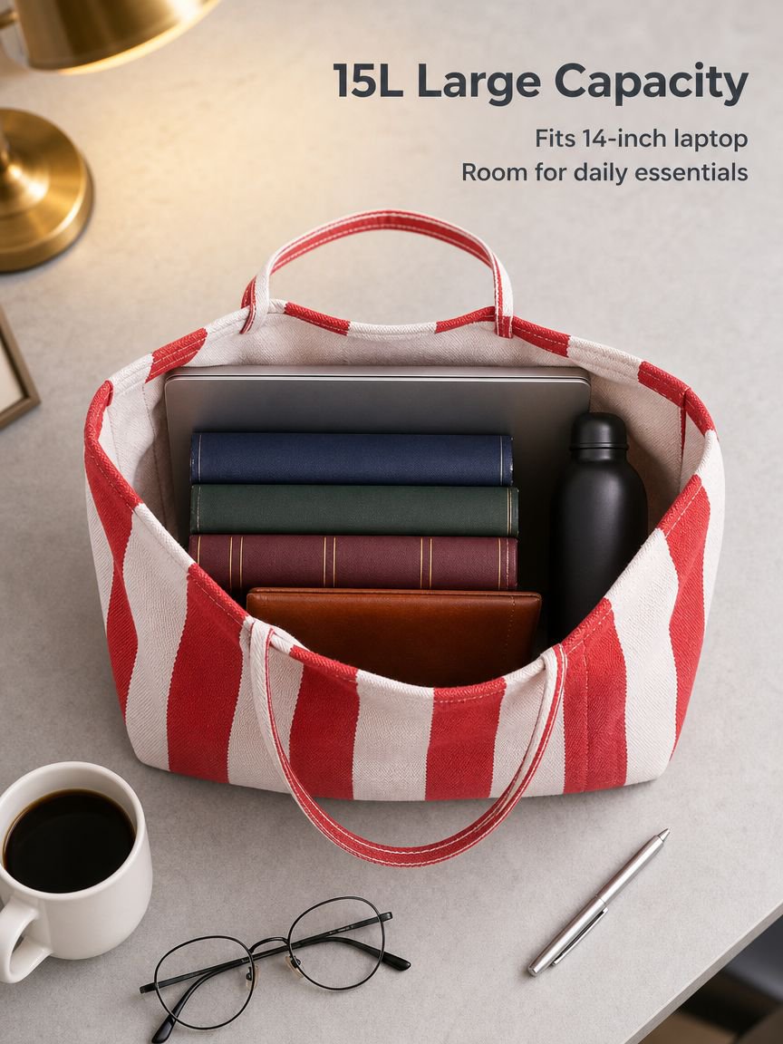 Korean Fashion Large Capacity Striped Tote, Stylish Literary Shoulder Bag