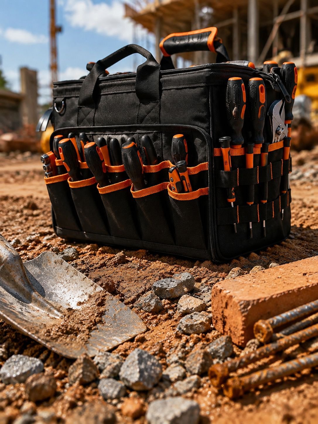 Folded view of the 17-inch durable electrician bag for travel convenience