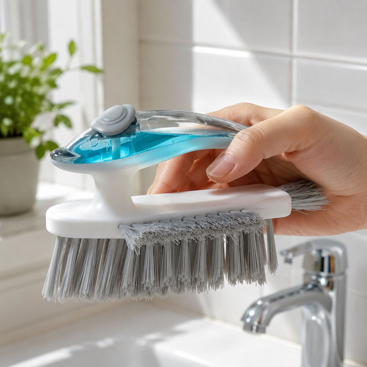 Specialized grout cleaning brush for tiles with ergonomic handle