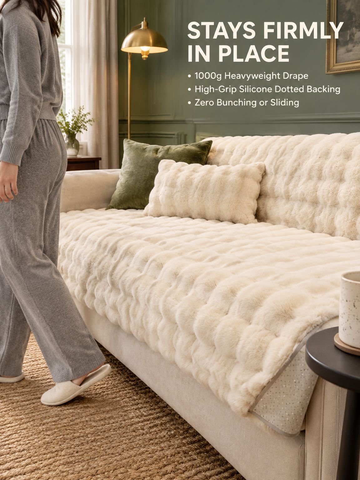 Cozy faux rabbit fur sofa blanket with wavy edge design