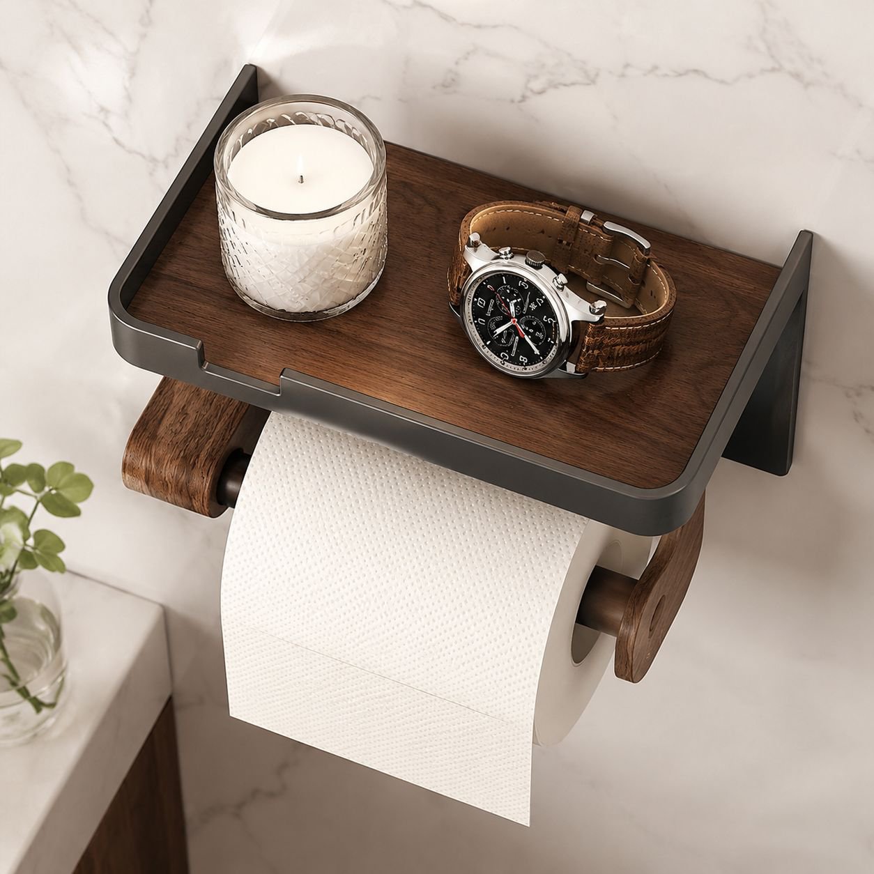 Moistureproof Nonslip Walnut Bathroom Organizer Shelf with Guardrail No-Punch
