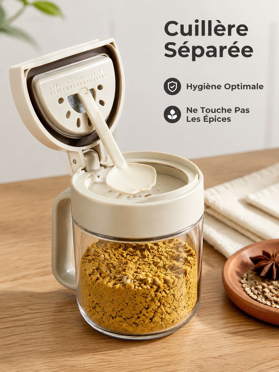Bouteille de rangement de cuisine à ouverture/fermeture, pot à épices séparé