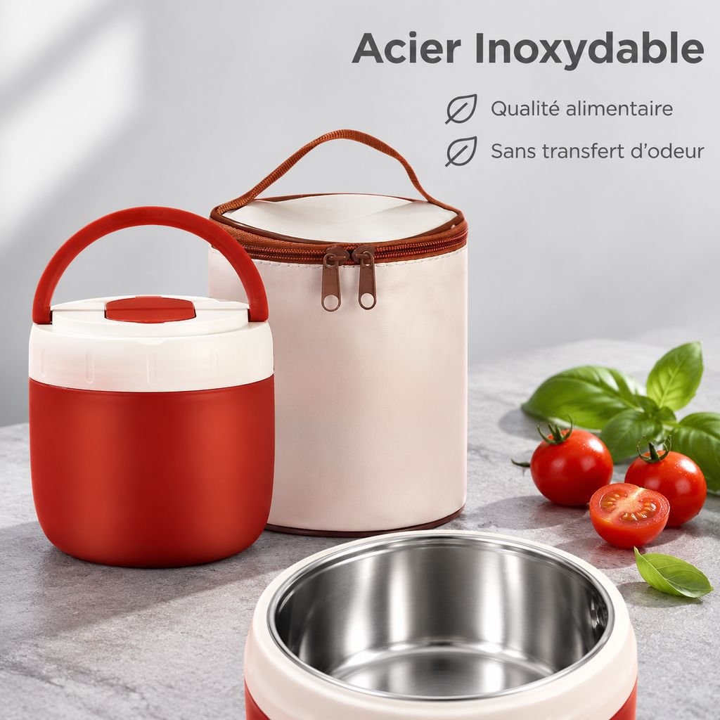 Boîte Repas Isotherme en Inox Bento Portable avec Poignée Étudiant Bureau