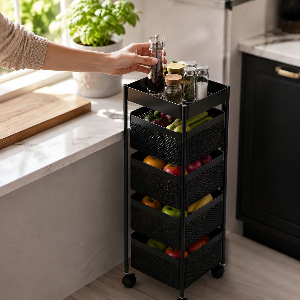 Multi-layer floor standing kitchen shelf for household storage