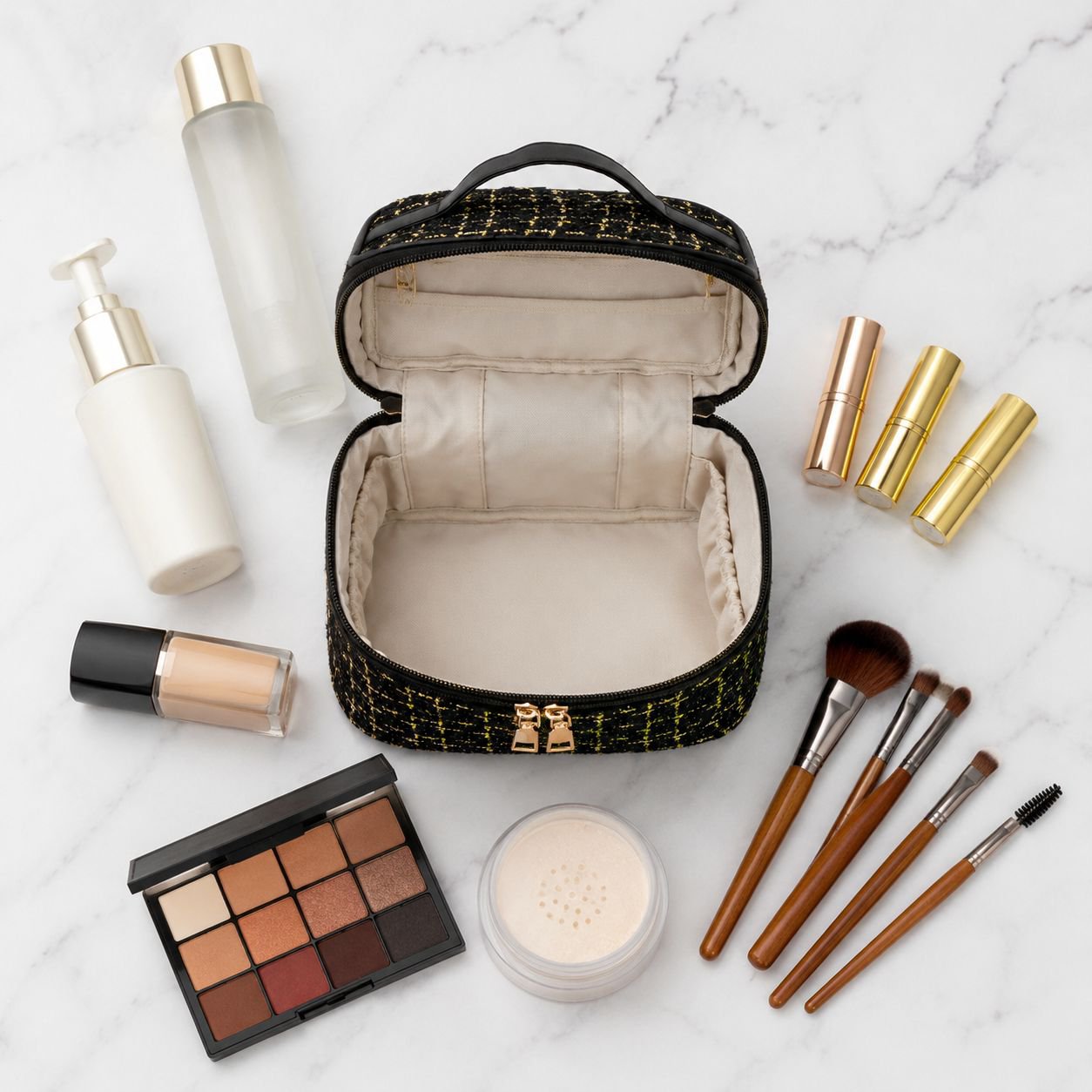 Makeup organizer with brushes and beauty products inside