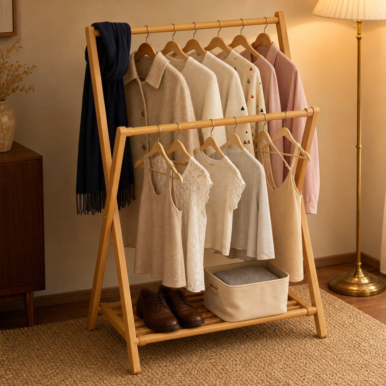 Natural Bamboo Folding Clothes Rack, Simple Indoor Hanger, Odorless