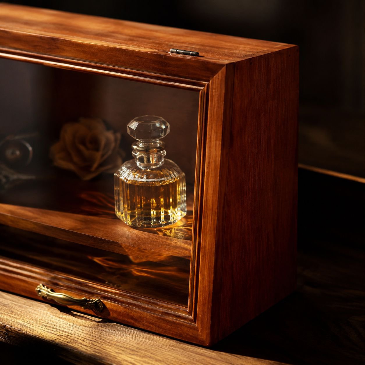 Organized makeup and skincare products in retro wooden storage box