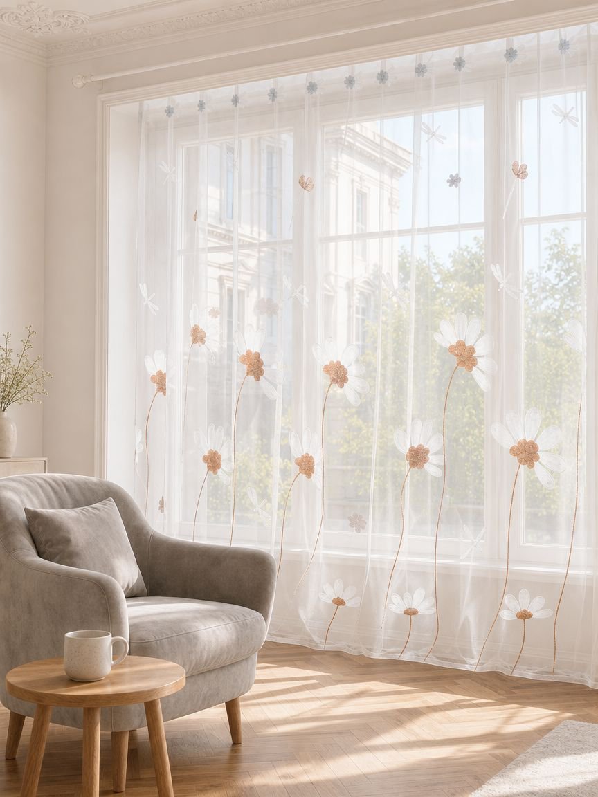Moderner Fenster Vorhang mit Chrysanthemen-Stickerei im Wohnzimmer
