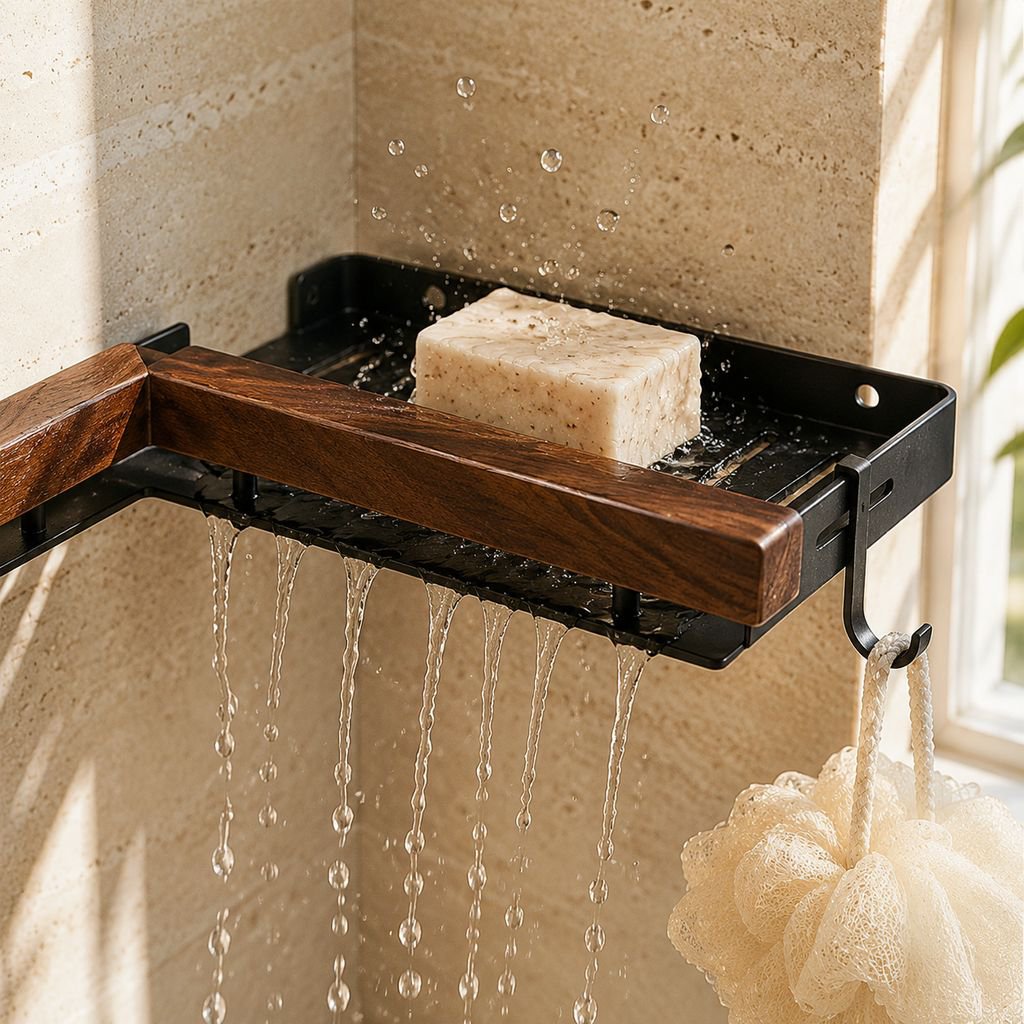 Solid Wood Wall-Mounted Storage Rack for Bathroom Sink Area