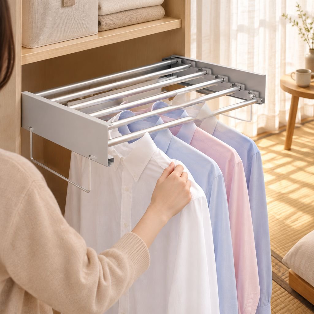 使用時に洗濯物を掛けた折りたたみ物干しラック