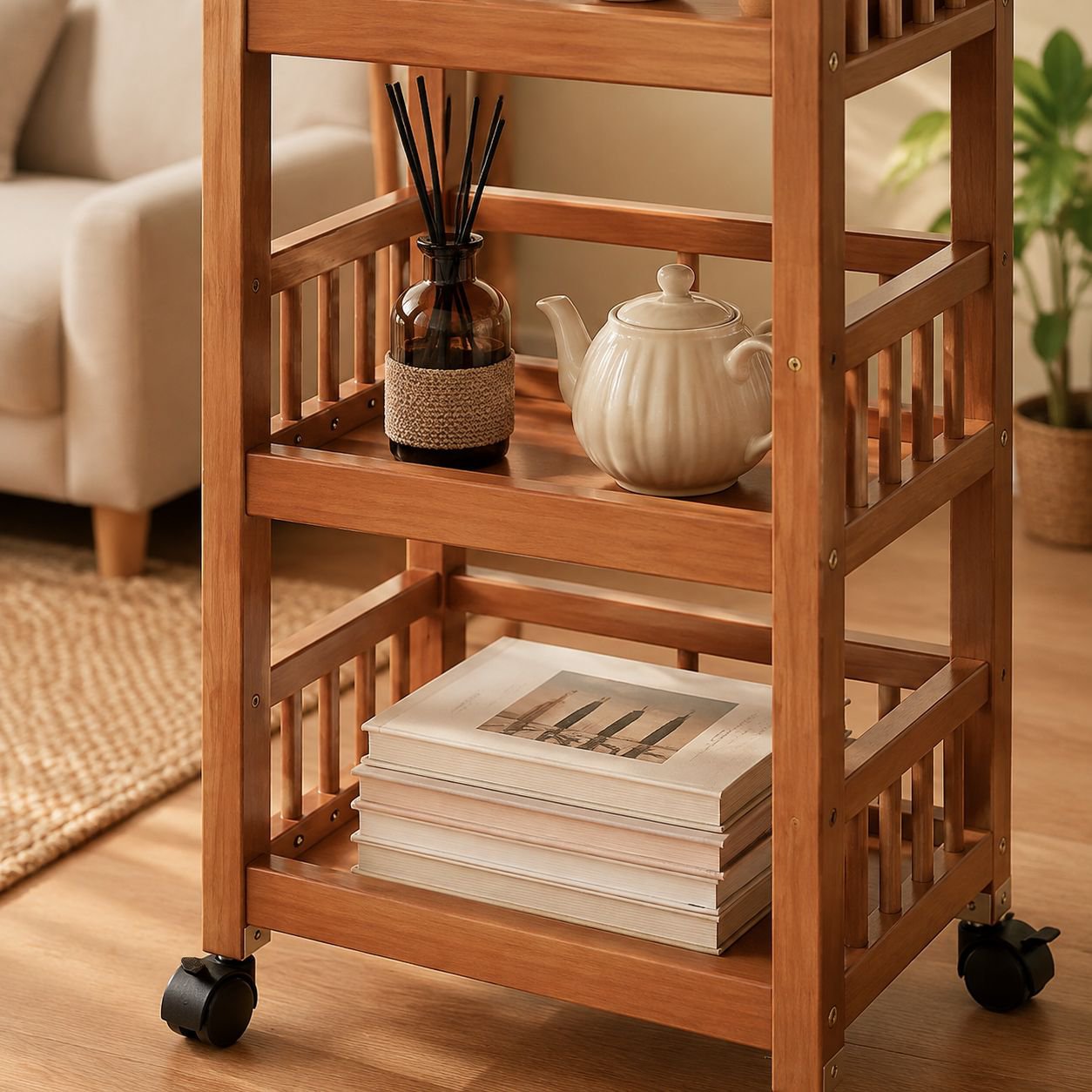Carrito multifuncional de madera maciza con ruedas, ideal para almacenar té y refrigerios