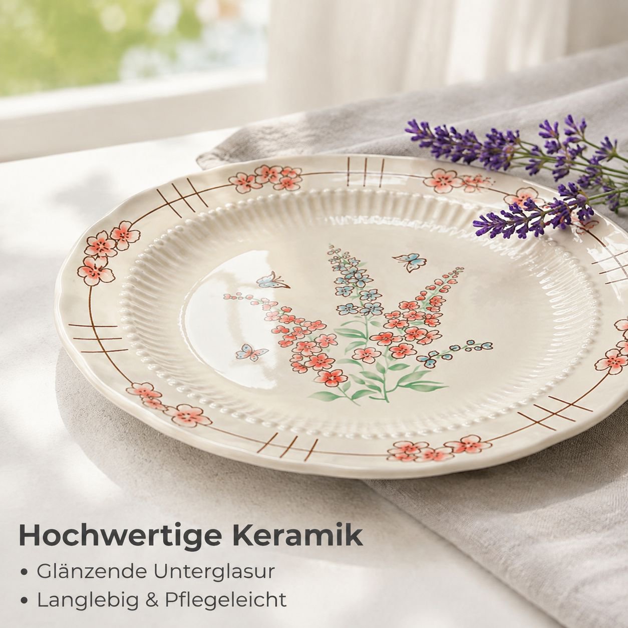 Keramik-Geschirrset im rustikalen Vintage-Landhausstil mit Unterglasurdekoration