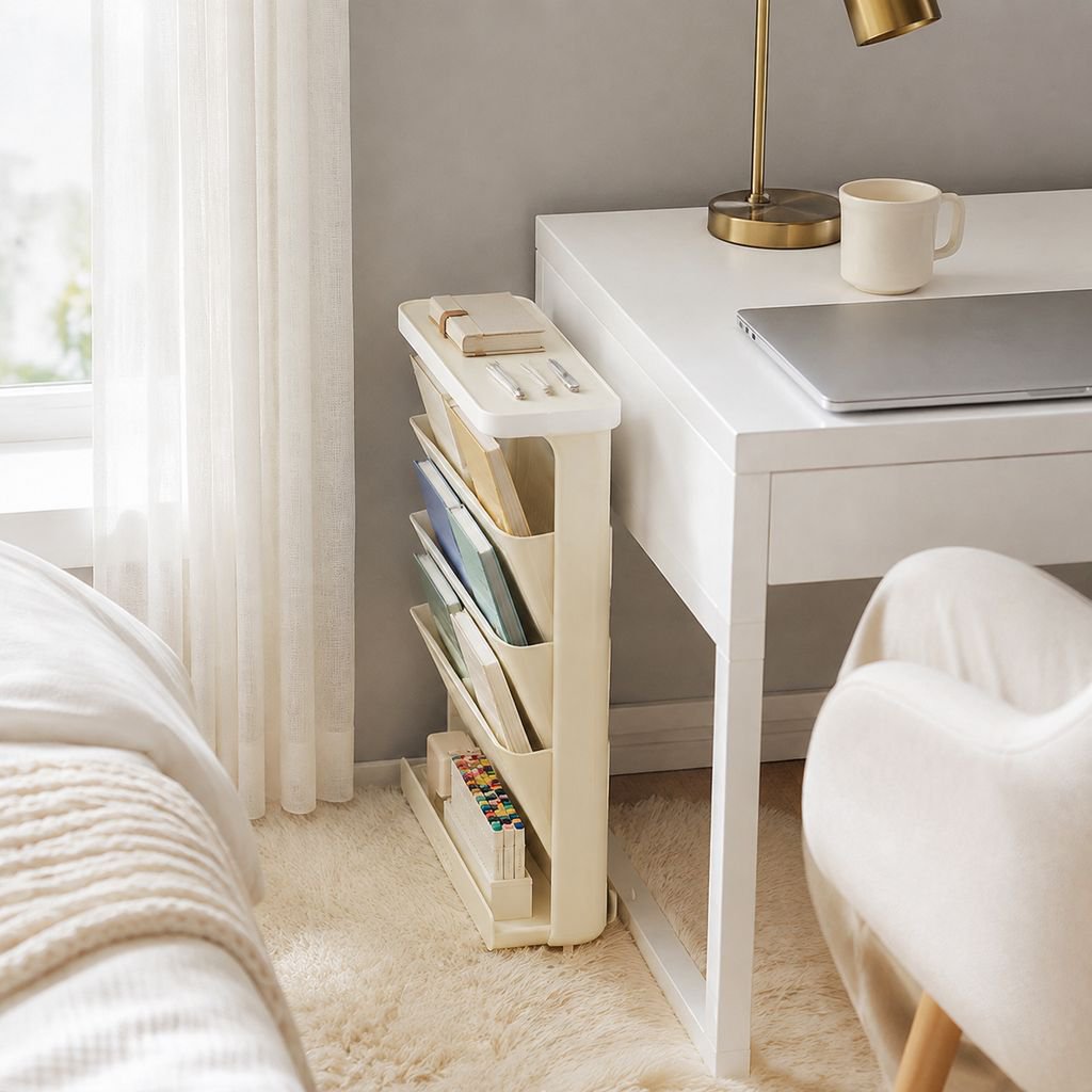Easy-to-assemble movable book rack with adjustable shelves
