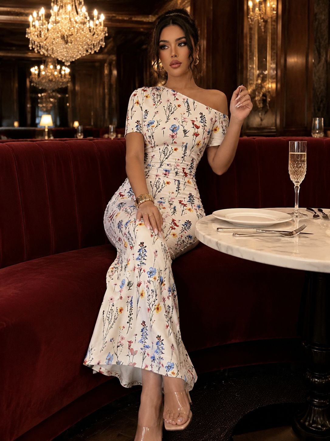 Robe de soirée longue femme épaule dénudée  imprimé fleuri coupe sirène moulante