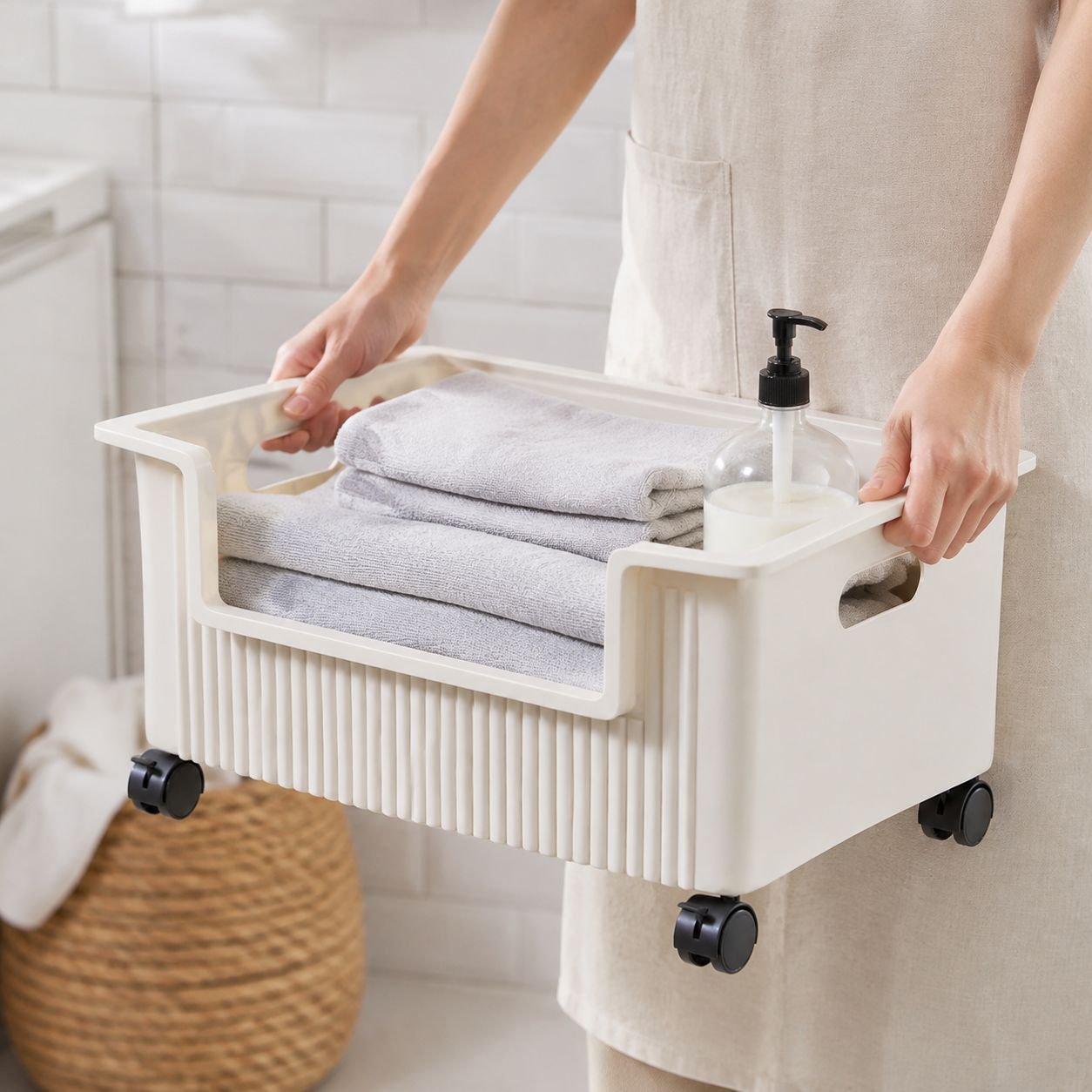 Storage rack holding towels and detergent above washing machine