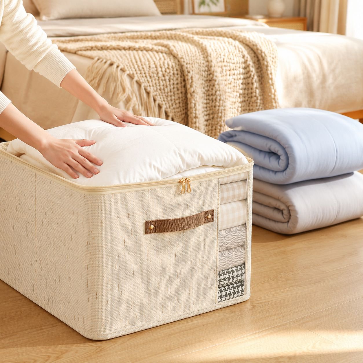 Large Home Fabric Quilt Organizer Double-Window Zipper Storage Box