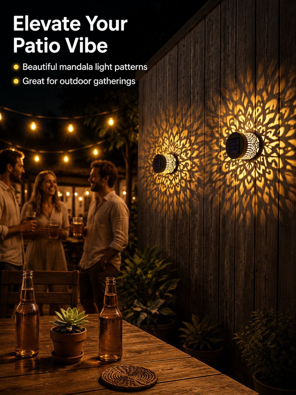 Solar-powered outdoor wall lamp, waterproof, focusing, mandala pattern, sensor-activated, courtyard 