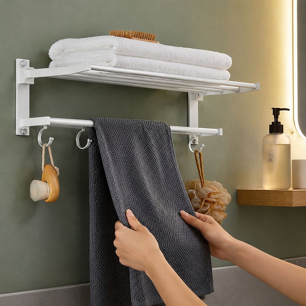 White Wall-Mounted Bathroom Towel Shelf No-Punch