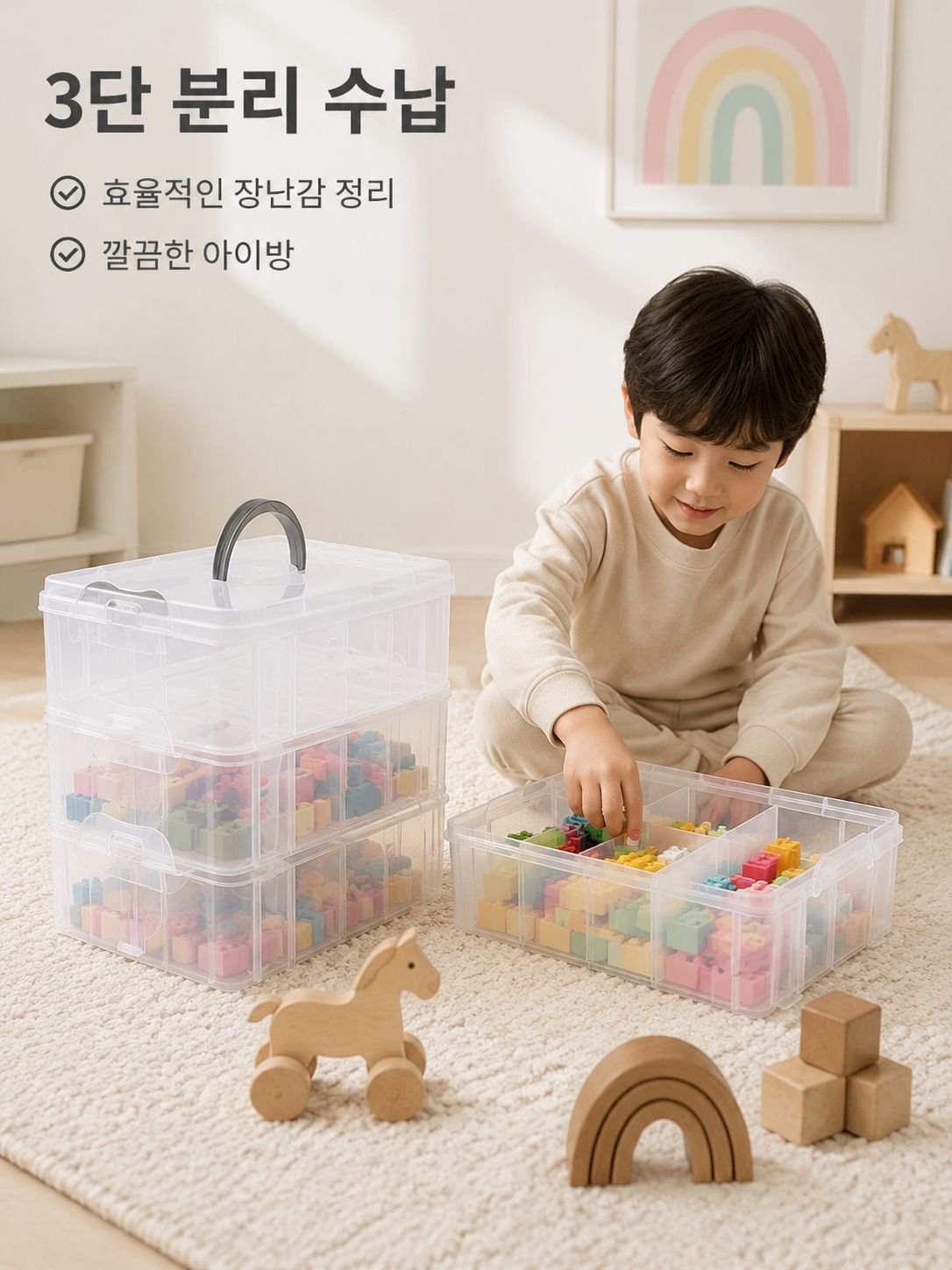 휴대용 3단 투명 수납박스 분리형 블록 장난감 정리함