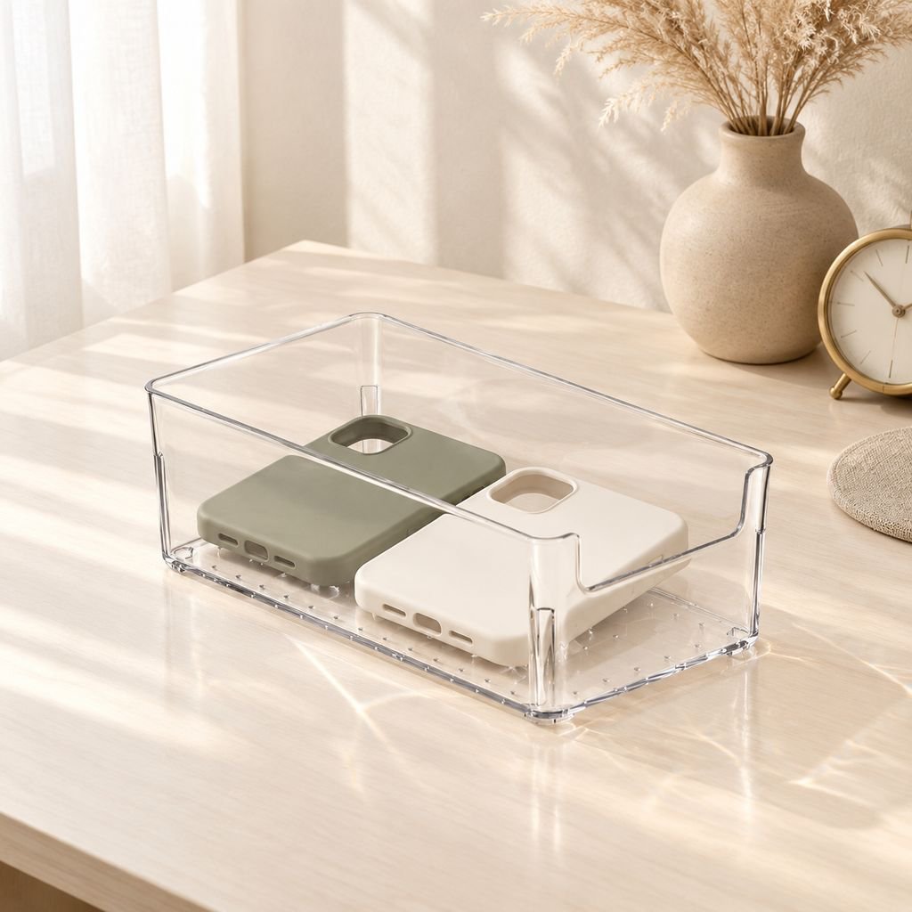 Caja apilable transparente de acrílico para fundas de móvil
