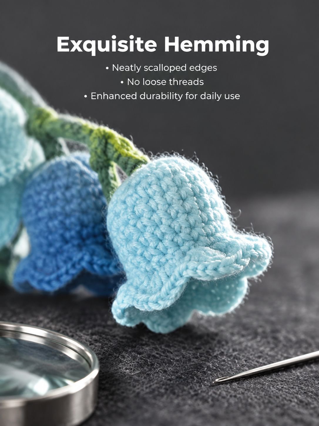 Handmade-style crochet flower charm hanging from rearview mirror