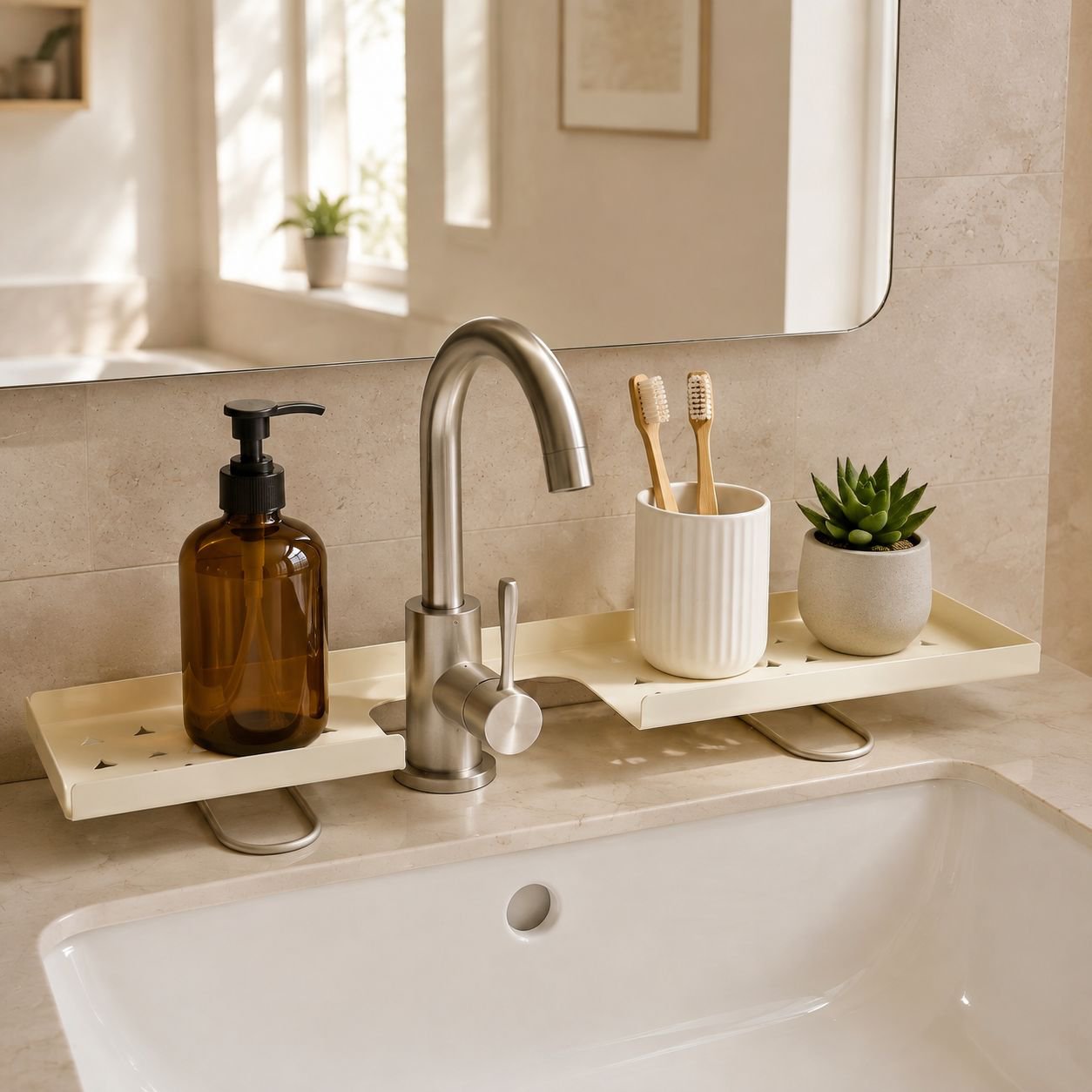 Bathroom faucet plant stand, bathroom countertop folding shelf, toilet vanity mirror storage solutio