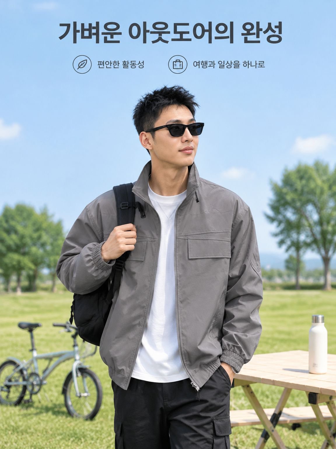 카키색 워크웨어 스탠드 칼라 배색 재킷