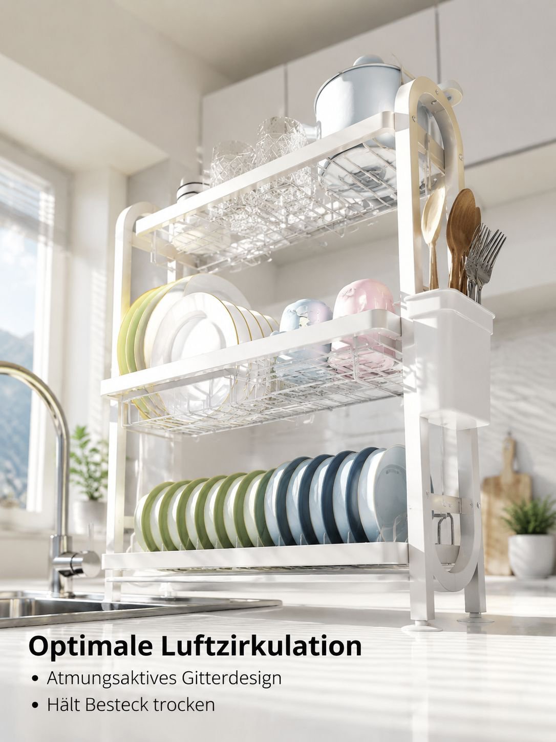 Stilvolle Küchenablage mit integriertem Abtropfsystem.