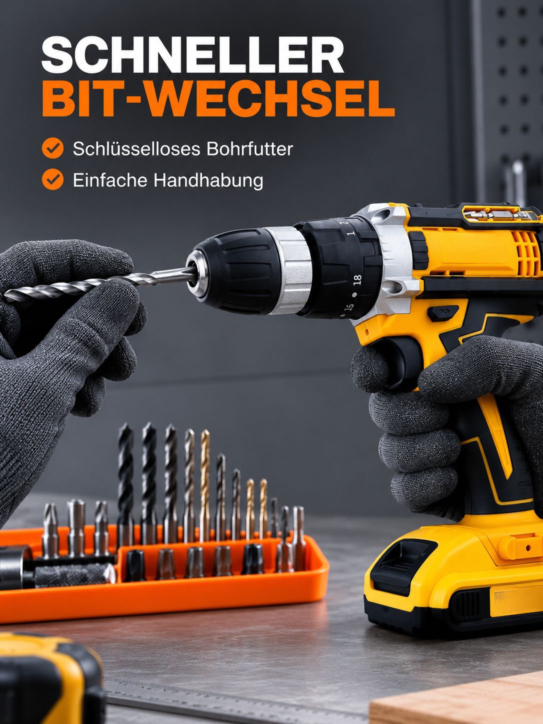 Gelbes Elektrowerkzeug-Set, kabelloser Bohrschrauber, Werkzeugset