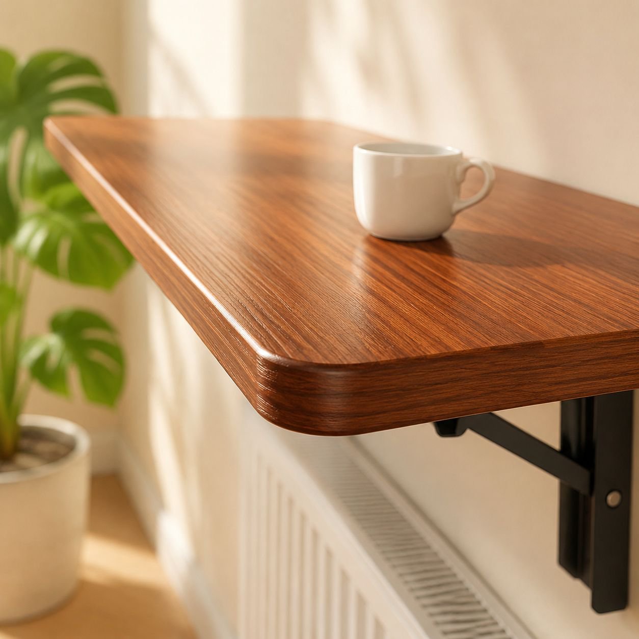 Compact wall-mounted desk with laptop and books