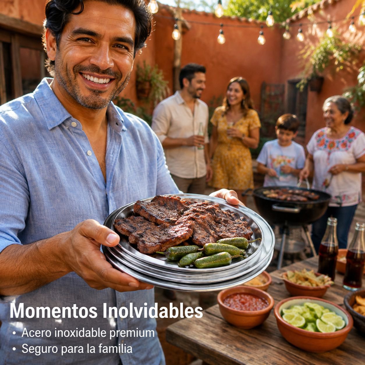 Plato redondo portátil de acero inoxidable resistente al calor para barbacoa, plato llano